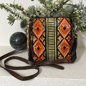 EUC Unique Leather Embossed Crossbody Bag Orange Green Patterned